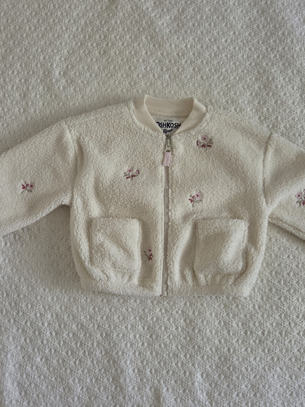 OshKosh B'gosh Cream Sherpa Zip Jacket with Pink Floral Embroidery